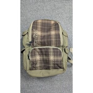 Jansport Backpack Green Brown Plaid Laptop Work Bag Hiking Granola Gorpcore